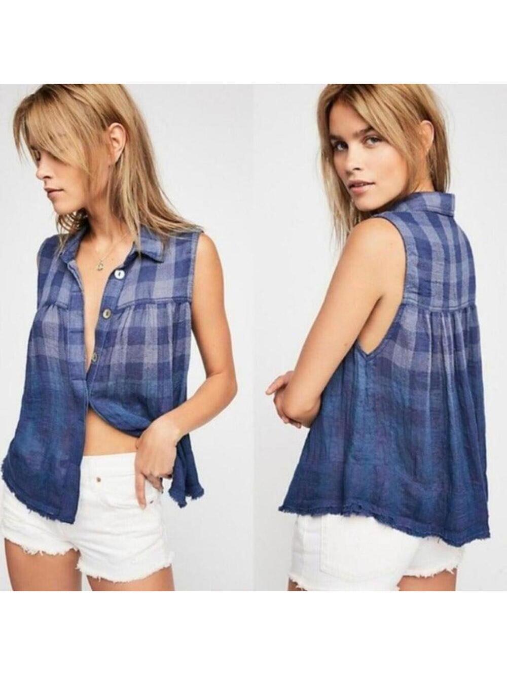 NWT Free People Blue Plaid Tank Top Small Ombre Gingham Sleeveless Button Blouse